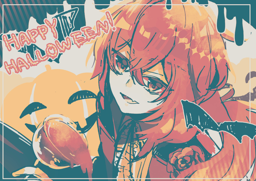 1boy, absurdres, alternate_costume, diluc_(genshin_impact), dripping, fang, flower, genshin_impact