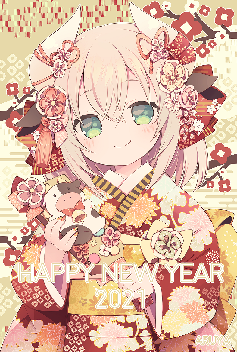 1girl, 2021, animal_ears, artist_name, aruya_(flosrota), blonde_hair, blush, bow