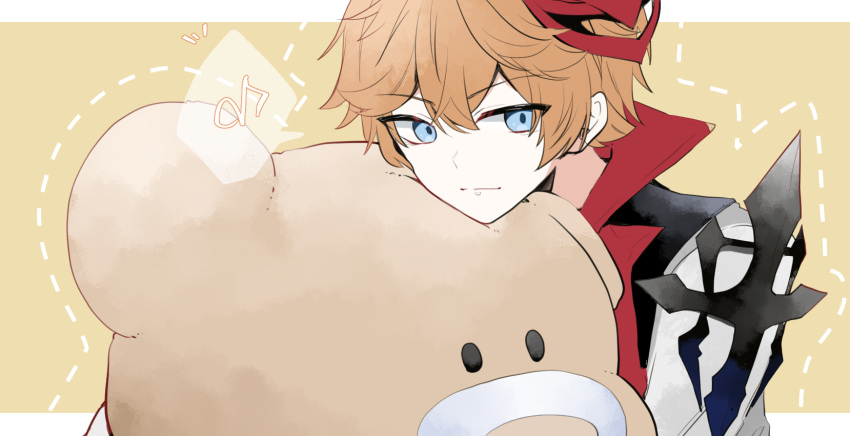 1boy, blue_eyes, collared_jacket, genshin_impact, hair_ornament, highres, hug, looking_at_viewer