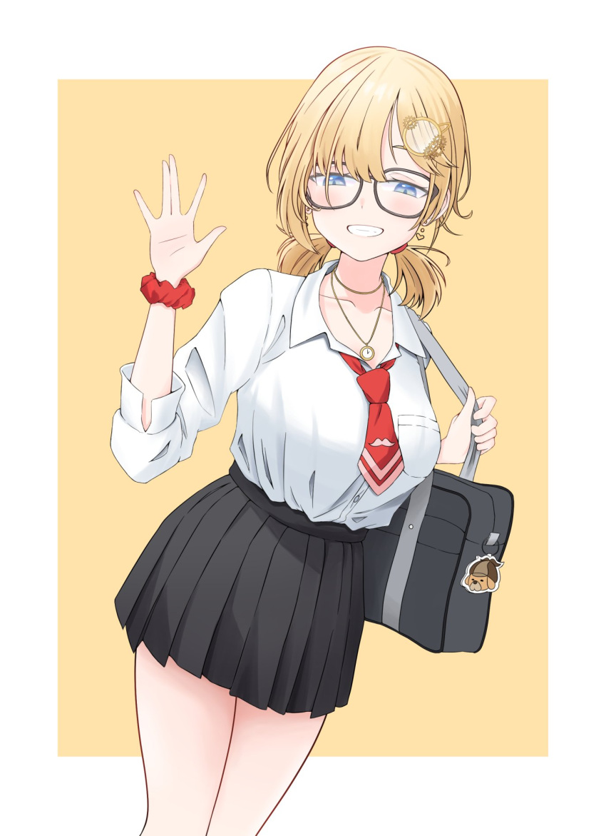1girl, \||/, alternate_costume, bag, bakedmonogamy, blonde_hair, border, breasts