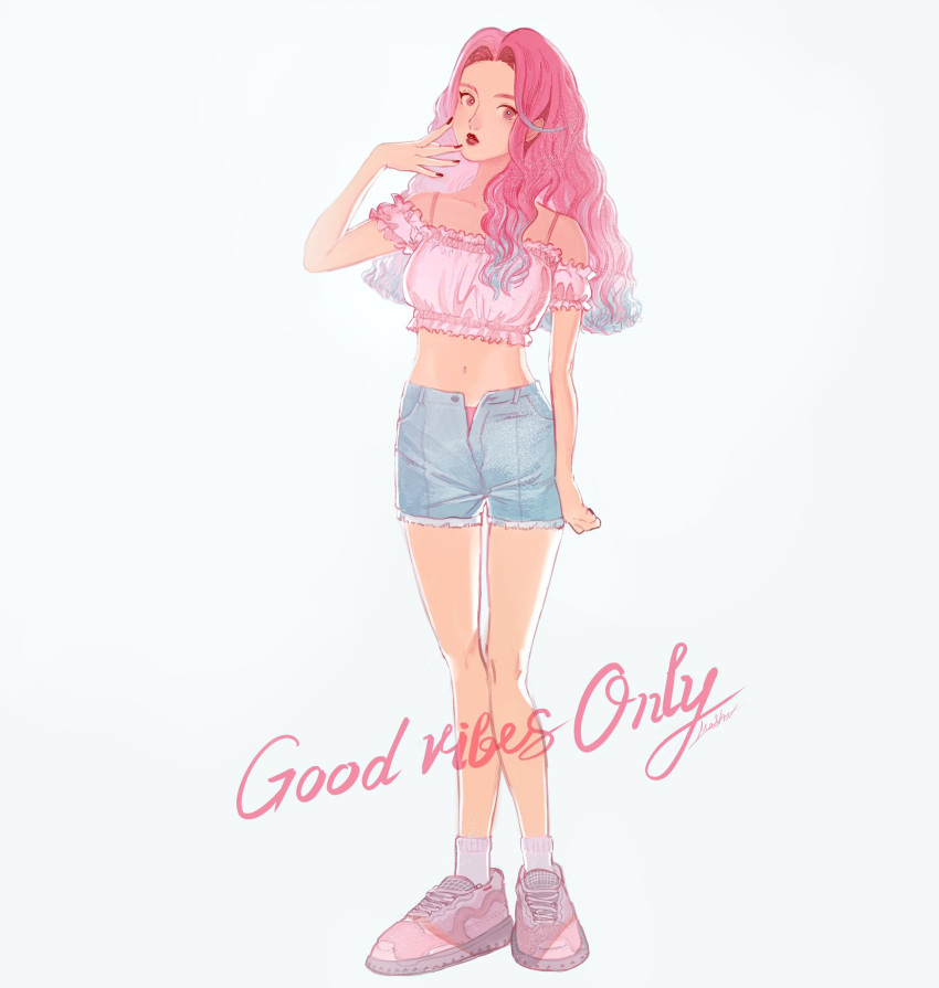 1girl, blue_shorts, crop_top, english_text, full_body, highres, lipstick, long_hair