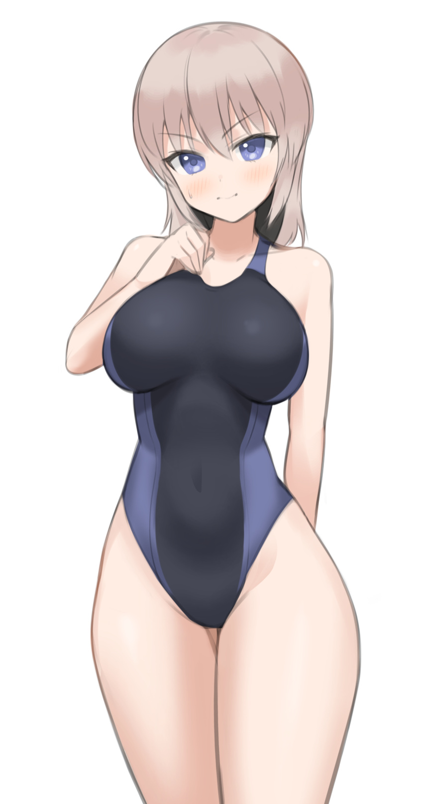 1girl, absurdres, black_swimsuit, blue_eyes, breasts, collarbone, commentary_request, competition_swimsuit