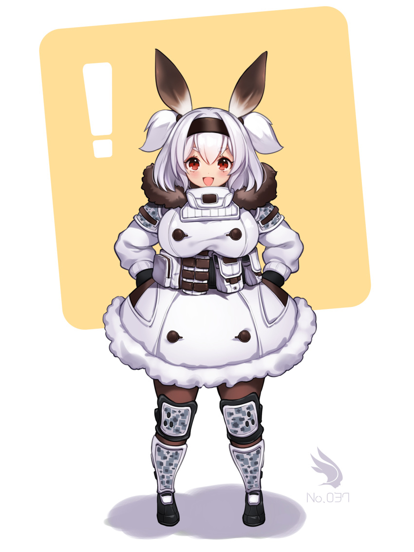 !, 1girl, blush, breasts, brown_legwear, coat, full_body, fur_jacket