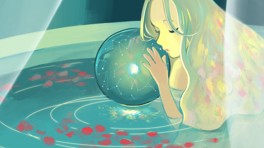 1girl, closed_eyes, constellation, hand_up, highres, long_hair, mu_mashu, multicolored_hair