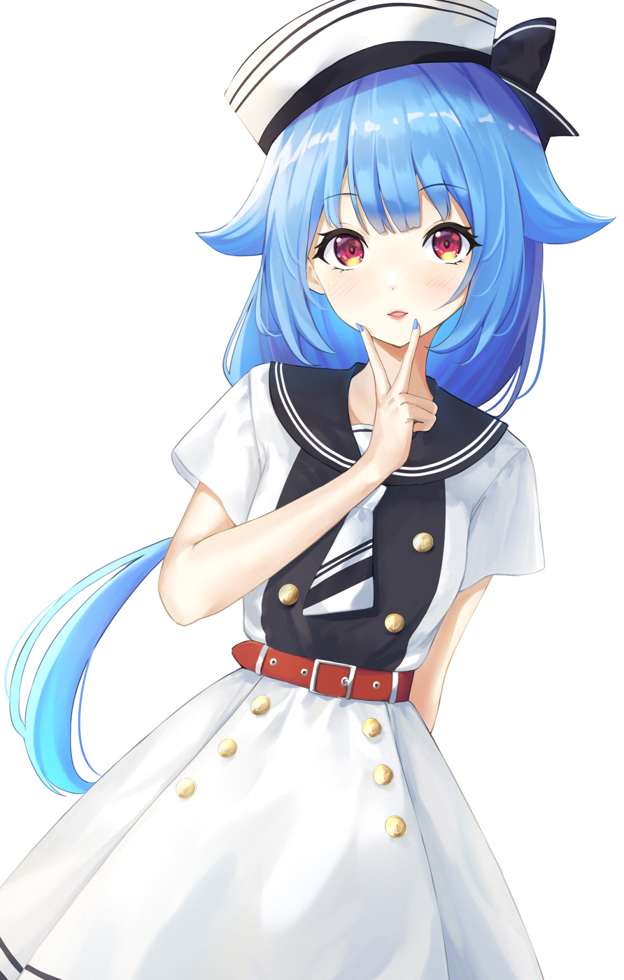 1girl, arm_behind_back, bangs, belt, black_bow, blue_hair, blue_nails, blunt_bangs