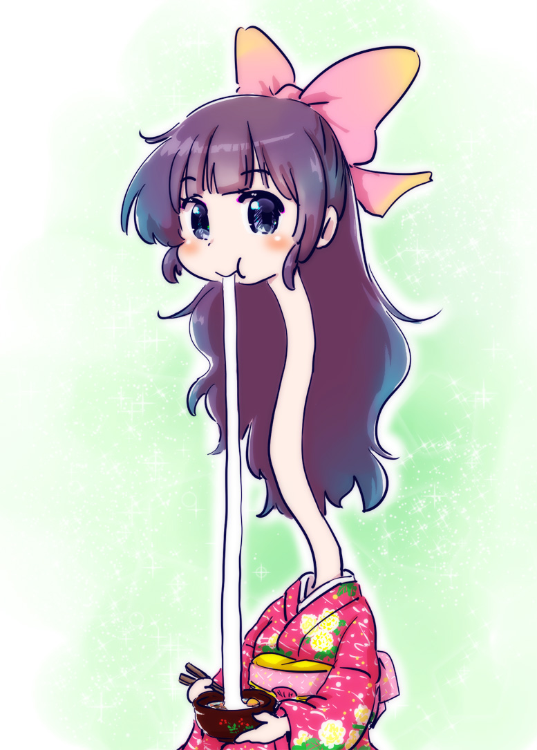 1girl, black_hair, bow, bowl, chibi, eating, eyebrows_visible_through_hair, hair_bow