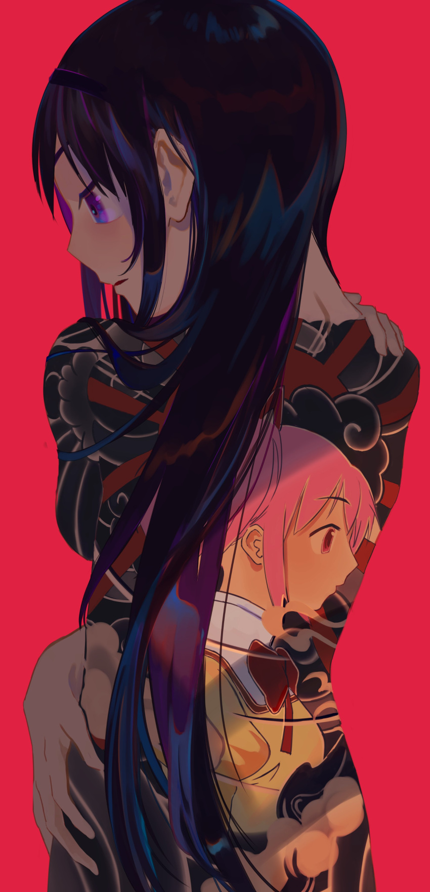 1girl, absurdres, akemi_homura, back_tattoo, black_hair, black_hairband, character_print, clouds, commentary_request, dark_clouds, expressionless, eyebrows_visible_through_hair, facing_away, flat_chest, from_behind, hairband, half-closed_eyes, hand_on_hip, hand_on_own_shoulder, high_collar, highres, jitome, kaname_madoka, long_hair, looking_afar, looking_away, looking_down, mahou_shoujo_madoka_magica, mitakihara_school_uniform, multicolored_hair, nape, neck_ribbon, nude, parted_lips, pink_background, pink_eyes, pink_hair, profile, puffy_sleeves, red_neckwear, red_ribbon, ribbon, rising_sun, sate_(ryu_ryu_1212m), school_uniform, shiny, shiny_hair, simple_background, skinny, smoke, solo, standing, straight_hair, sunburst, tattoo, upper_body, very_long_hair, violet_eyes