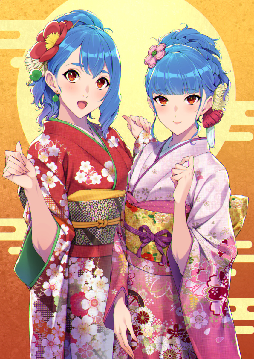 2girls, bangs, blue_hair, blunt_bangs, blush, closed_mouth, commentary_request, earrings, eyebrows_visible_through_hair, floral_print, flower, hair_flower, hair_ornament, highres, japanese_clothes, jewelry, kimono, long_sleeves, minori_(sugarbeat), multiple_girls, obi, open_mouth, orange_eyes, original, pink_kimono, red_kimono, sash, smile, sugarbeat, yukari_(sugarbeat)
