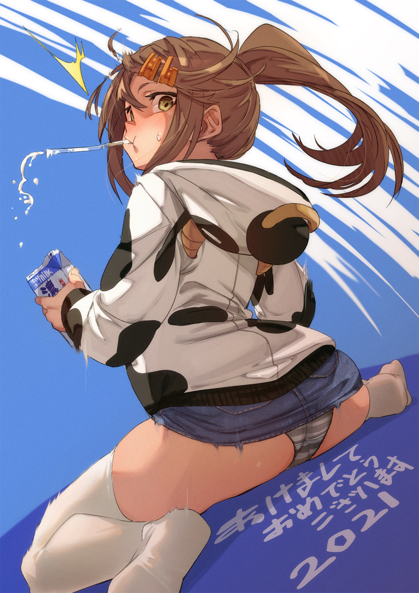 1girl, 2021, animal_print, ass, blush, brown_hair, chinese_zodiac, cow_hood