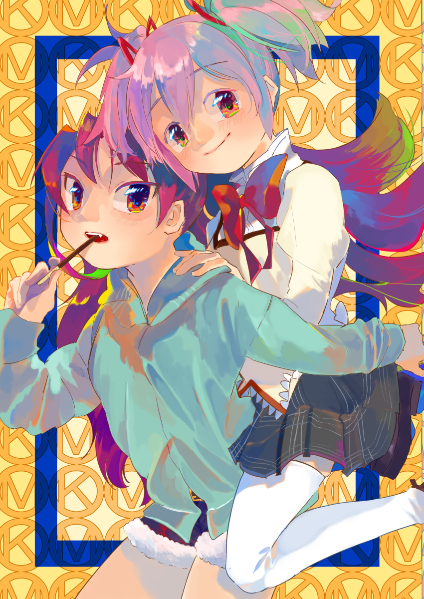 2girls, absurdres, background_text, black_skirt, blue_background, brown_footwear, carrying, circle