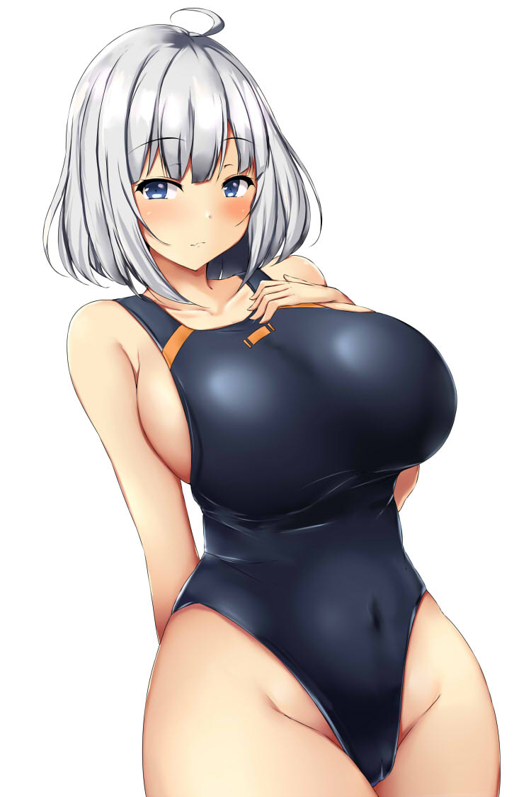 1girl, ahoge, arm_behind_back, black_swimsuit, blush, breasts, closed_mouth, collarbone