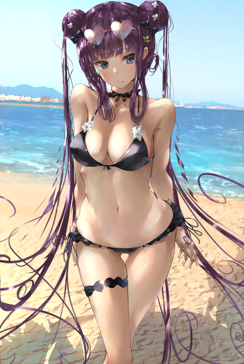1girl, bangs, bare_shoulders, beach, bikini, bikini_pull, black_bikini, black_bow, blue_eyes, blue_sky, blush, bow, breasts, choker, collarbone, double_bun, eyewear_on_head, fate/grand_order, fate_(series), hair_bow, hair_ornament, heart, heart-shaped_eyewear, highres, honey_lake, large_breasts, leaf_hair_ornament, leg_garter, long_hair, looking_at_viewer, purple_hair, sakazakinchan, scrunchie, sidelocks, sky, sunglasses, swimsuit, thighs, twintails, very_long_hair, wrist_scrunchie, yang_guifei_(fate/grand_order)