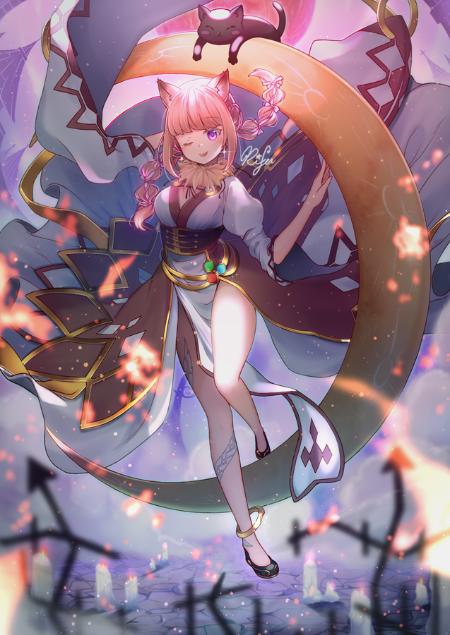 1girl, animal_ears, argyle, argyle_dress, arm_behind_head, bangle, bangs, black_cat