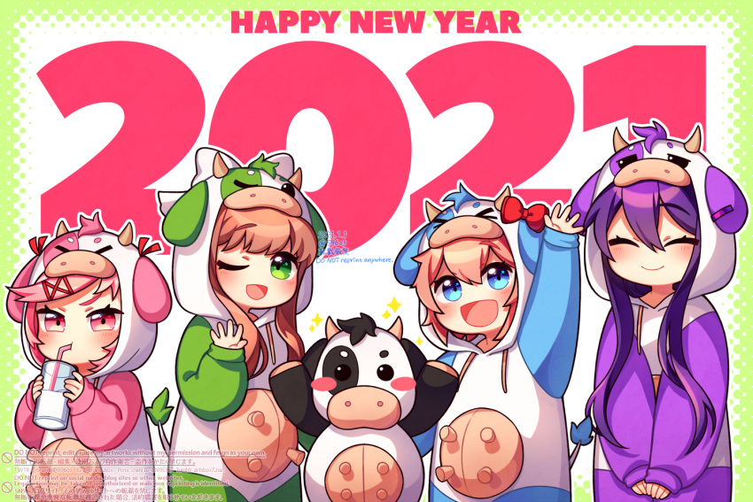2021, 4girls, :d, ;d, ^_^, animal_costume, arm_up, bangs