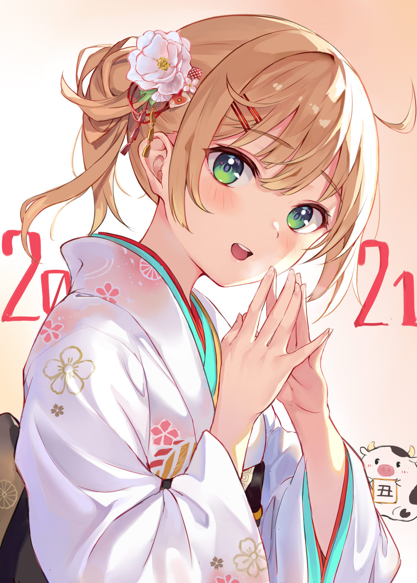 1girl, 2021, :d, absurdres, ahoge, arms_up, beige_background, blonde_hair