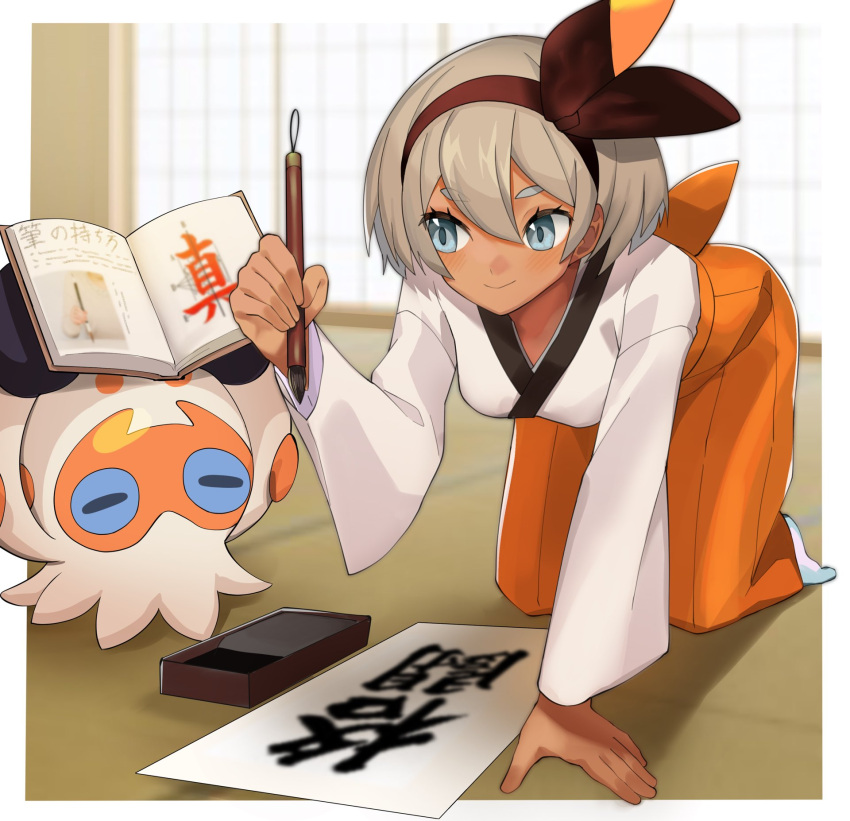 1girl, all_fours, alternate_costume, bangs, bea_(pokemon), blush, book, bow_hairband, calligraphy_brush, clobbopus, closed_mouth, commentary_request, eyelashes, gen_8_pokemon, grey_eyes, grey_hair, hair_between_eyes, hairband, highres, holding, indoors, katwo, long_sleeves, open_book, orange_skirt, paintbrush, pokemon, pokemon_(creature), pokemon_(game), pokemon_swsh, short_hair, sideways_glance, skirt, smile, socks, white_legwear