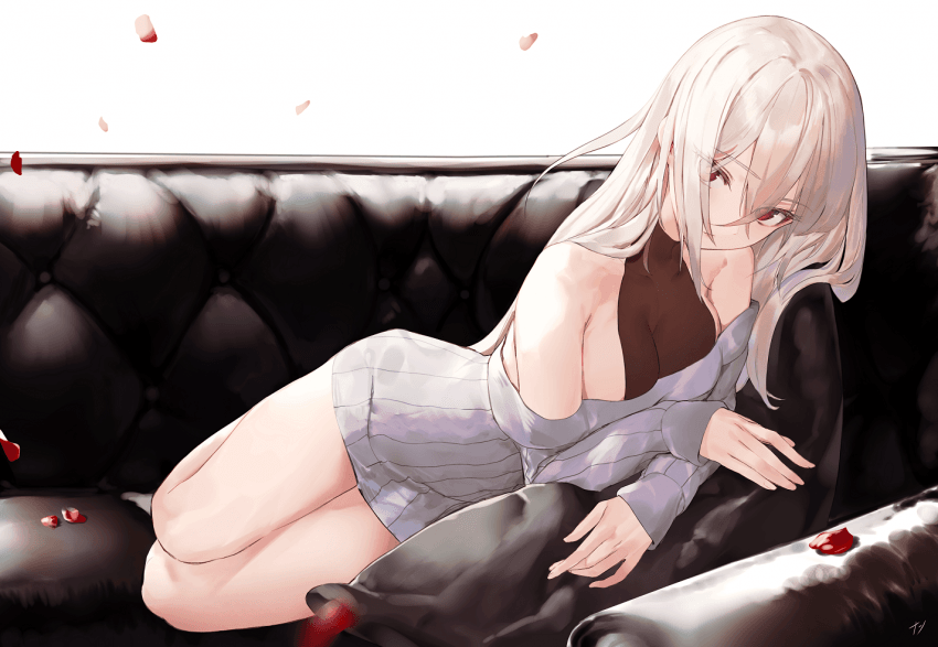 bare_shoulders, couch, eyebrows, eyebrows_visible_through_hair, eyelashes, haruato, petals, red_eyes