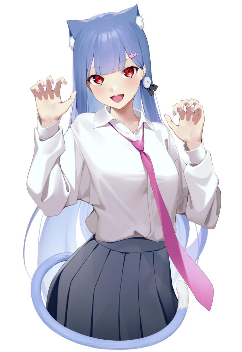 1girl, :d, animal_ear_fluff, animal_ears, bangs, blue_hair, blush, breasts