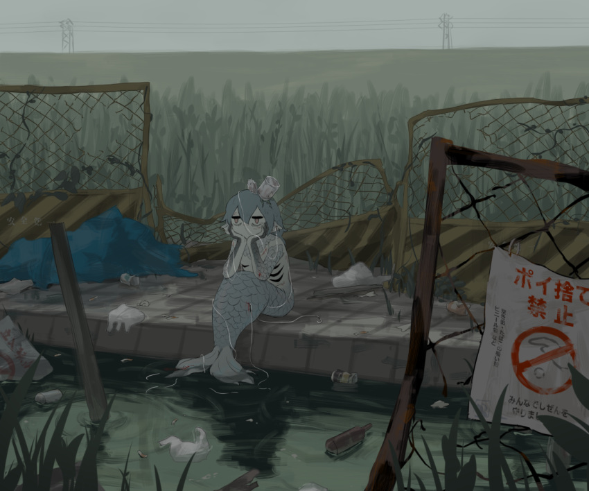 avogado6, bag, blue_hair, bottle, broken_fence, brown_eyes, colored_skin, commentary_request