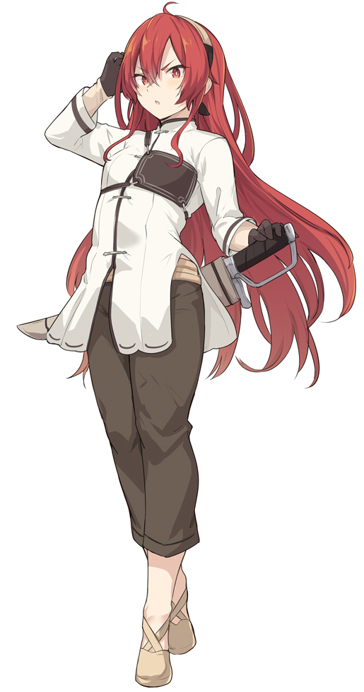 1girl, ahoge, bangs, black_hairband, boots, bow, breasts, brown_pants