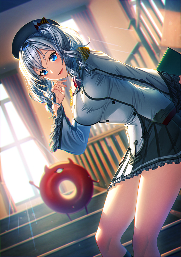 1girl, 1other, arm_up, beret, blue_eyes, breasts, commentary_request, enemy_lifebuoy_(kantai_collection), epaulettes, frilled_sleeves, frills, hat, indoors, jacket, kantai_collection, kashima_(kantai_collection), large_breasts, long_sleeves, looking_at_viewer, miniskirt, pleated_skirt, silver_hair, sitting, skirt, smile, solo, twintails, uniform, unowen, wavy_hair, window