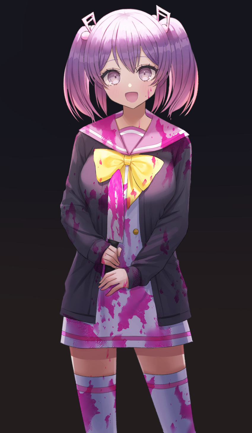 1girl, :d, blood, bloody_clothes, bloody_knife, bloody_weapon, cardigan, danganronpa_(series)