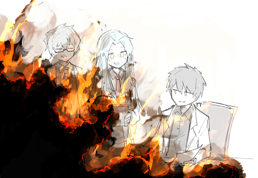 1girl, 2boys, =_=, a_(lobotomy_corporation), angela_(lobotomy_corporation), aqua_hair, black_hair, black_shirt