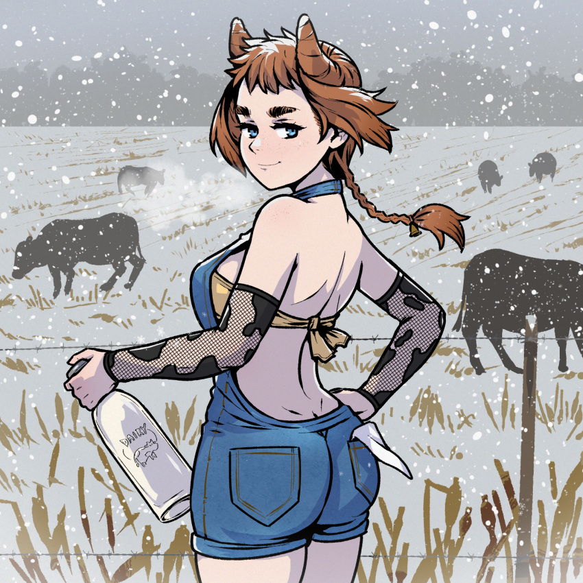 1girl, 2021, akairiot, animal, animal_print, ass, blue_eyes, bottle