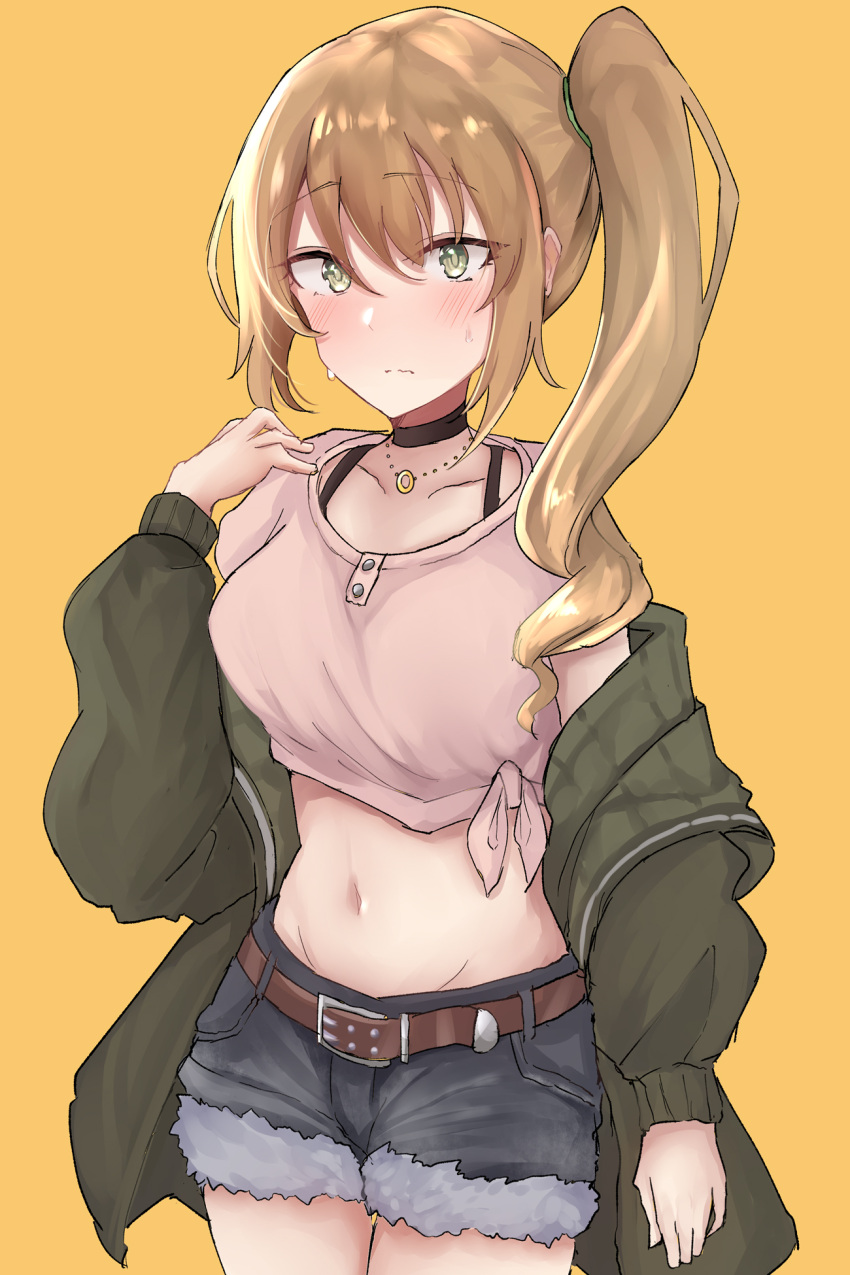 1girl, bangs, belt, belt_buckle, black_choker, black_shorts, blush, breasts