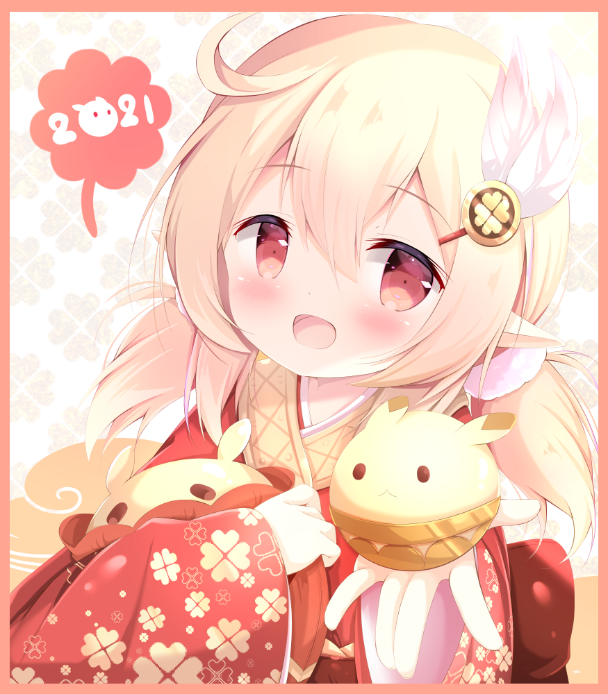 1girl, 2021, :d, ahoge, bangs, blonde_hair, blush, commentary