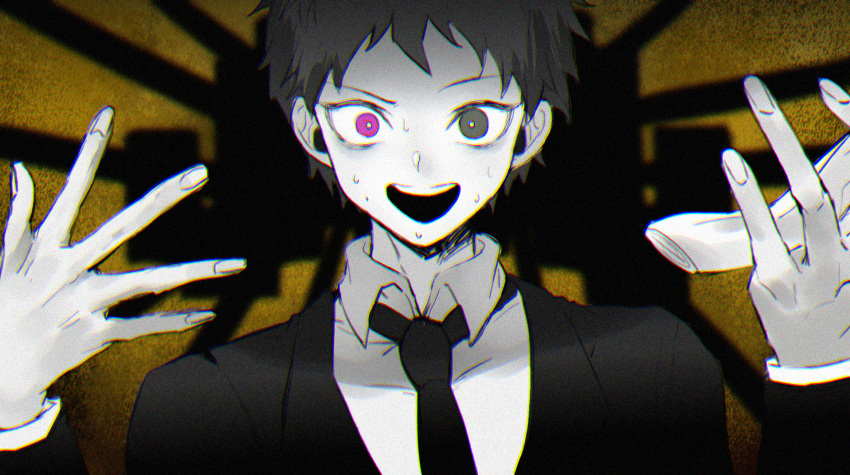 1boy, alternate_eye_color, bangs, black_jacket, black_neckwear, blurry, blurry_background, brown_eyes, collared_shirt, commentary, dangan_ronpa_(series), dangan_ronpa_3_(anime), eva_(vocaloid), formal, gloves, heterochromia, highres, hinata_hajime, holding, jacket, large_hands, looking_at_viewer, male_focus, necktie, open_mouth, portrait, shirt, short_hair, sketch, solo, sweat, tuteurfars_shin, upper_teeth, violet_eyes, white_gloves