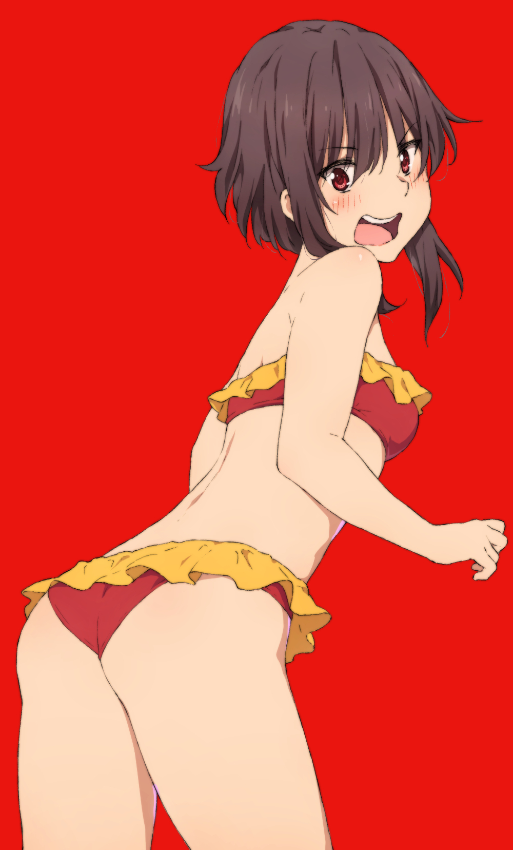 1girl, ass, bikini, blush, breasts, frilled_bikini, frills, from_behind