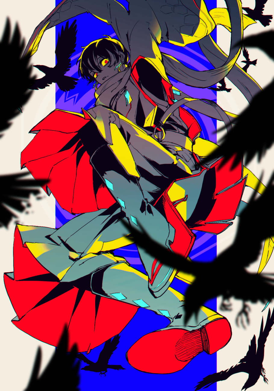 1boy, animal, arm_up, armpit_cutout, bird, black_hair, clothing_cutout, colored_sclera