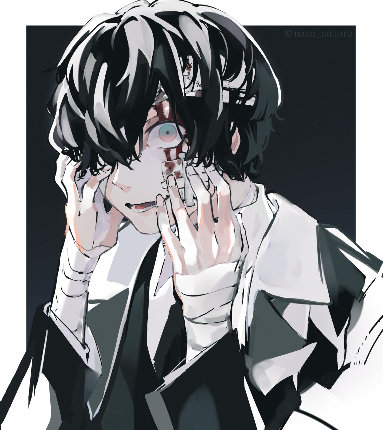1boy, bandaged_hands, bandaged_head, bandages, bandaid, bandaid_on_cheek, bandaid_on_face, black_hair, bleeding, blood, blood_on_face, blue_eyes, fingernails, hair_over_one_eye, hand_on_own_face, highres, lower_teeth, male_focus, nanora_(sero4), open_mouth, original, solo, teeth, tongue, upper_body