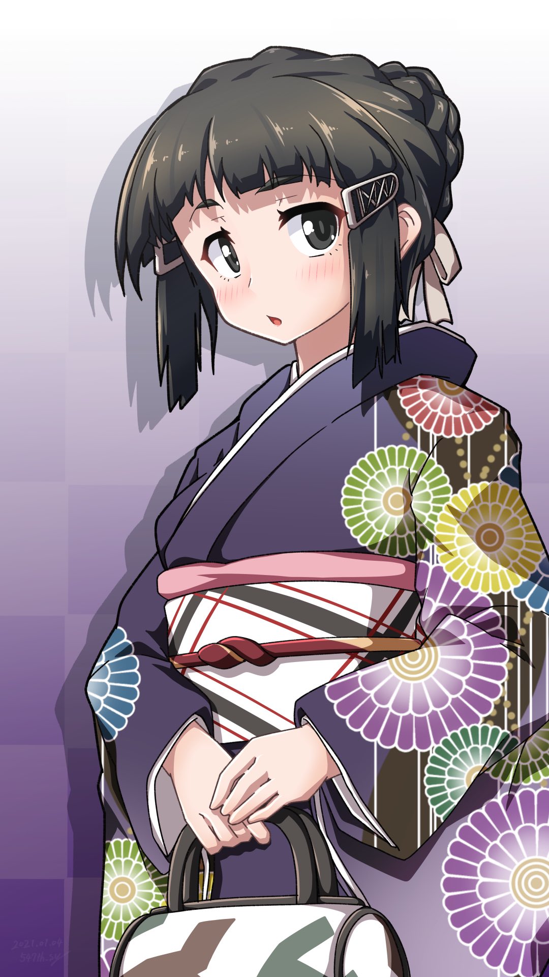 1girl, 547th_sy, bag, braid, braided_bun, breasts, brown_eyes, brown_hair