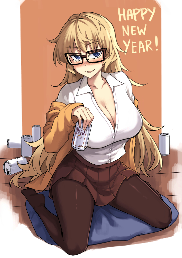1girl, alcohol, beer, beer_can, black-framed_eyewear, blonde_hair, blue_hair, blush