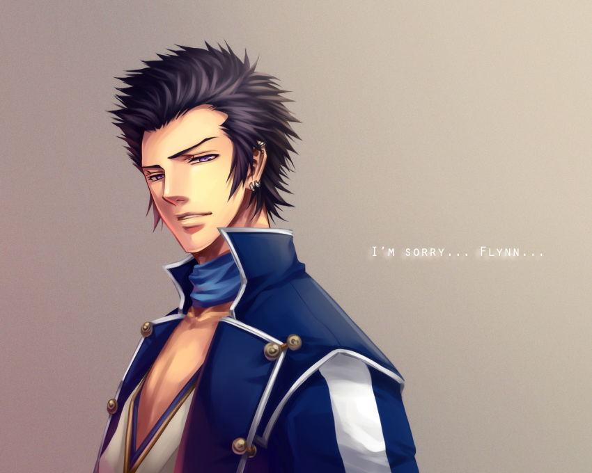 1boy, black_hair, blue_scarf, ear_piercing, english_text, looking_at_viewer, male_focus, multicolored, multicolored_clothes, piercing, raykit, scarf, shin_megami_tensei, shin_megami_tensei_iv, spoilers, violet_eyes, walter_(smt), white_stripes