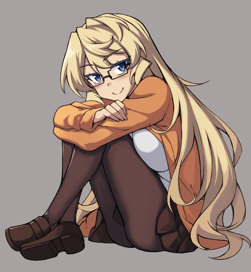 1girl, black-framed_eyewear, blonde_hair, blue_eyes, breasts, brown_footwear, brown_legwear, brown_skirt