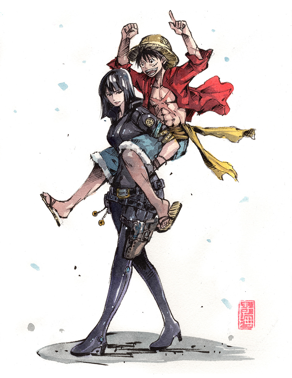 1boy, 1girl, abs, barefoot_sandals, black_eyes, black_hair, boots, breasts