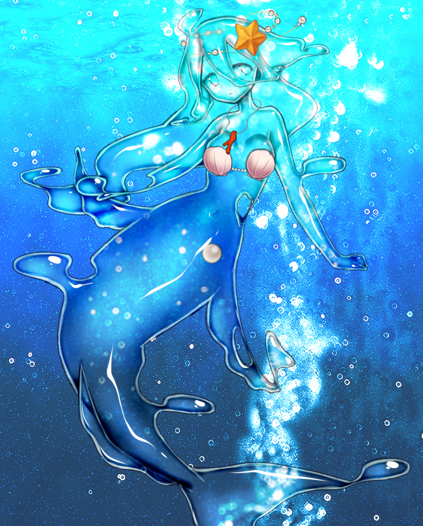 1girl, blue_background, closed_mouth, coral, core, hair_between_eyes, hair_over_one_eye, highres