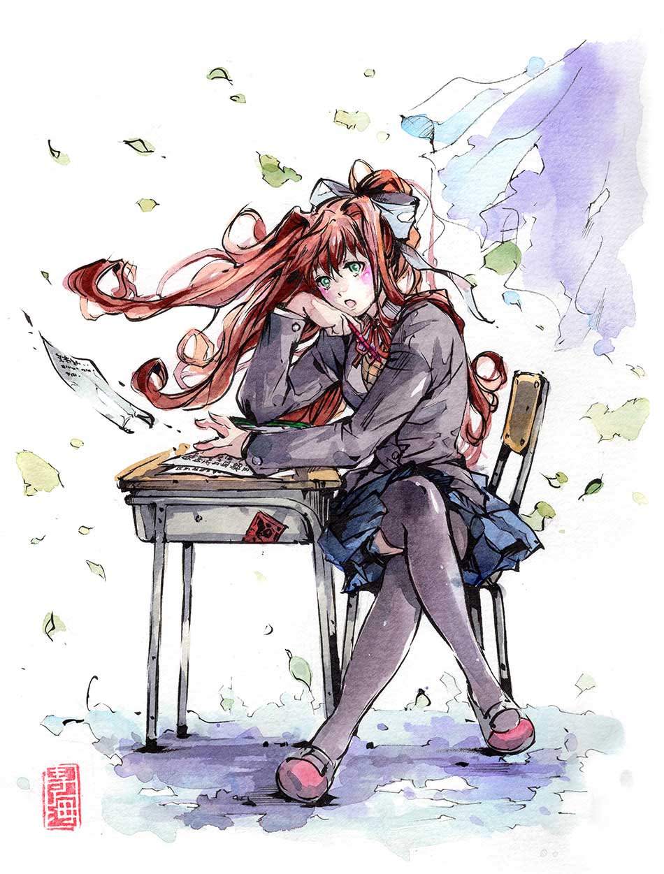 1girl, :o, blue_skirt, blush, bow, brown_hair, crossed_legs, desk, doki_doki_literature_club, english_commentary, floating_hair, green_eyes, hair_bow, highres, long_hair, long_ponytail, looking_ahead, monika_(doki_doki_literature_club), mycks, open_mouth, paper, ponytail, school_uniform, skirt, solo, thigh-highs, traditional_media, watercolor_(medium), white_bow