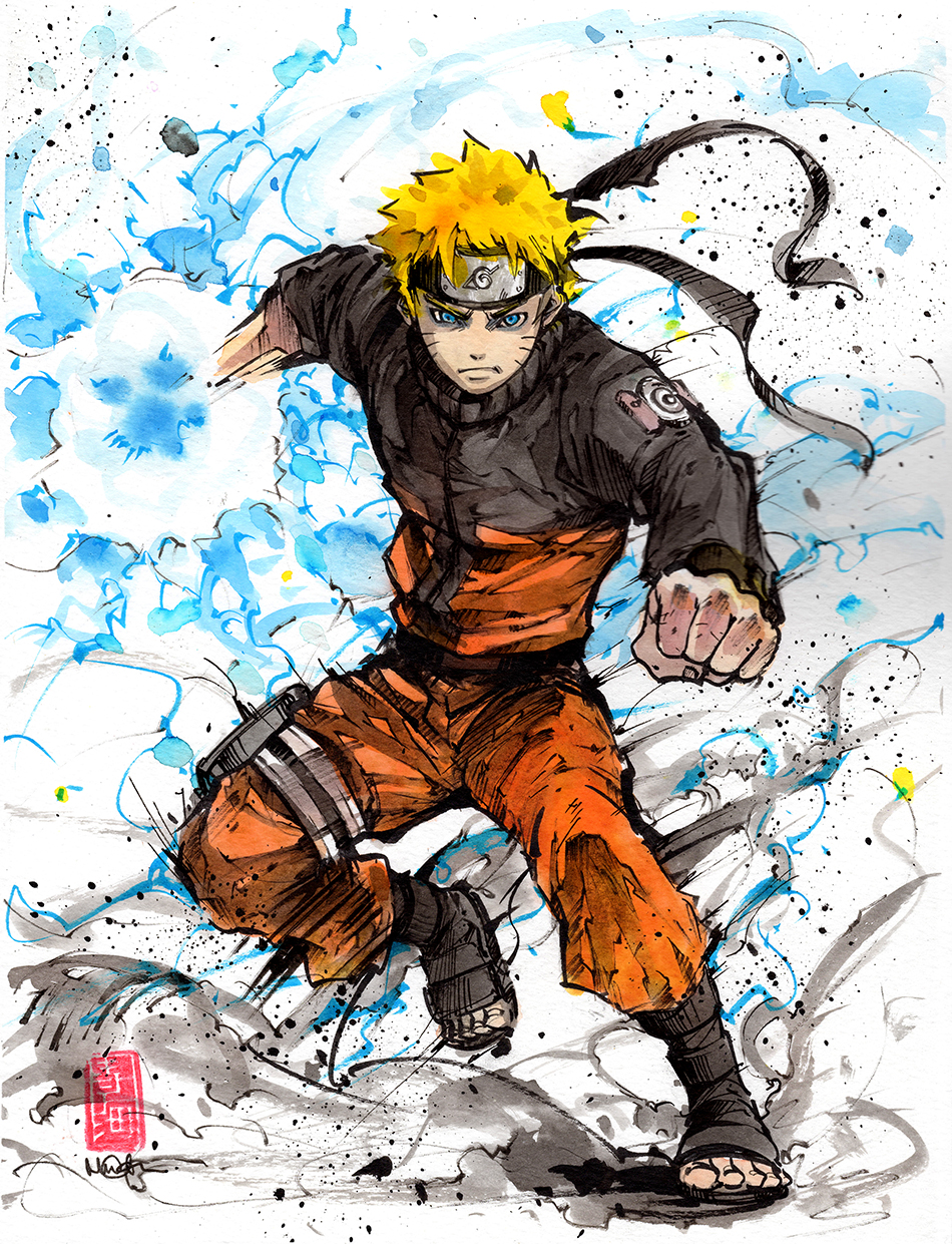 1boy, barefoot_sandals, blonde_hair, blue_eyes, clenched_hand, headband, highres, konohagakure_symbol