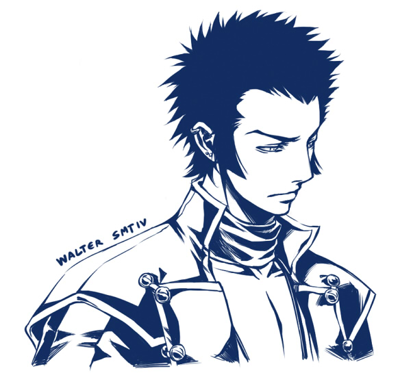 1boy, cropped_torso, ear_piercing, male_focus, monochrome, piercing, raykit, scarf, shin_megami_tensei, shin_megami_tensei_iv, simple_background, spiky_hair, walter_(smt), white_background