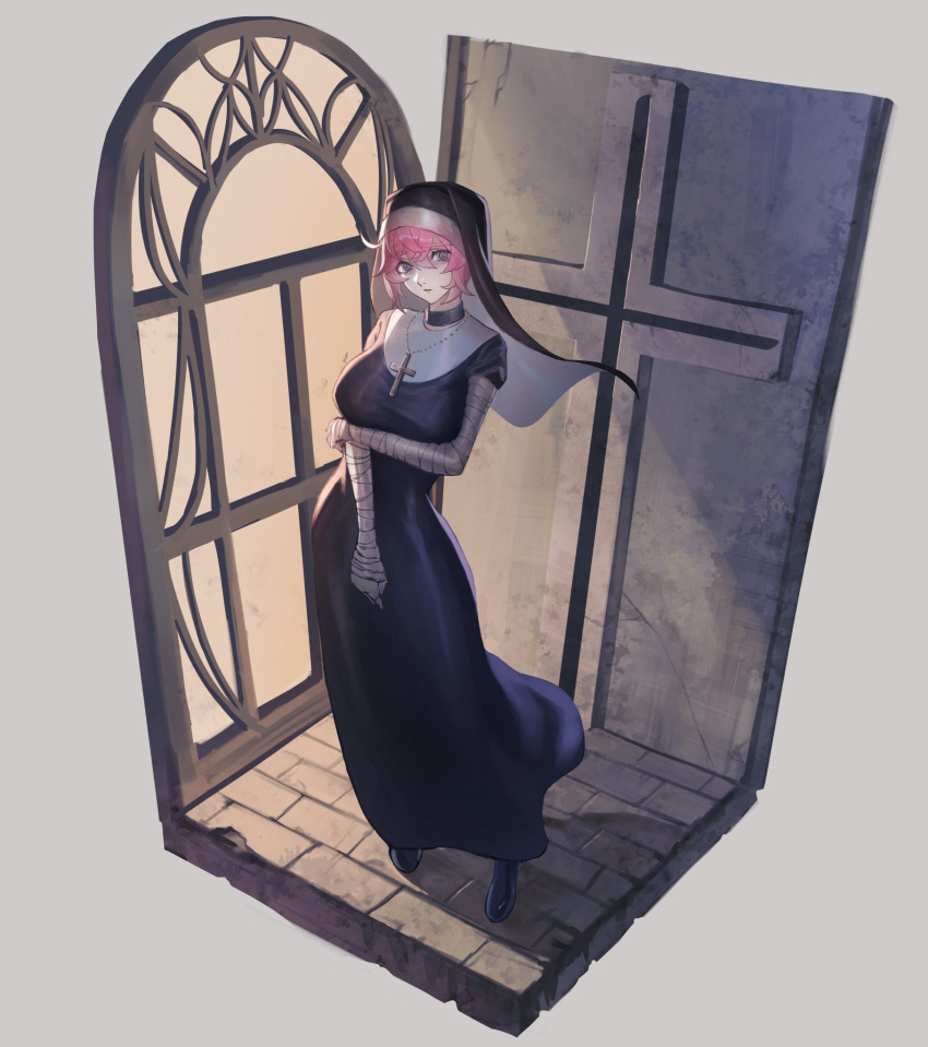 1girl, @_@, alternate_hair_length, alternate_hairstyle, bandaged_arm, bandaged_hands, bandages, black_choker, black_footwear, choker, commission, crack, cracked_floor, cracked_wall, cross, cross_necklace, eyebrows_visible_through_hair, faux_figurine, grey_eyes, hair_between_eyes, highres, jewelry, makitoshi0316, necklace, nun, original, parted_lips, pink-haired_nun_(skeb), pink_hair, short_hair, simple_background, skeb_commission, solo, standing, white_background, window