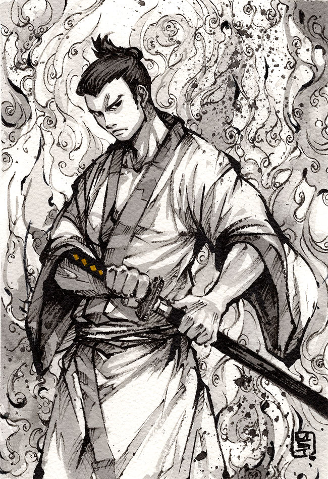 1boy, black_eyes, black_hair, dougi, greyscale, hair_behind_ear, holding, holding_sword, holding_weapon, ink_(medium), katana, looking_to_the_side, male_focus, monochrome, mycks, samurai, samurai_jack, samurai_jack_(character), sheath, solo, spot_color, sword, tied_hair, traditional_media, unsheathing, weapon