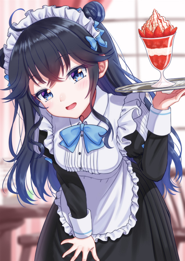 1girl, ahoge, alternate_costume, apron, bangs, black_hair, blue_bow, blue_eyes