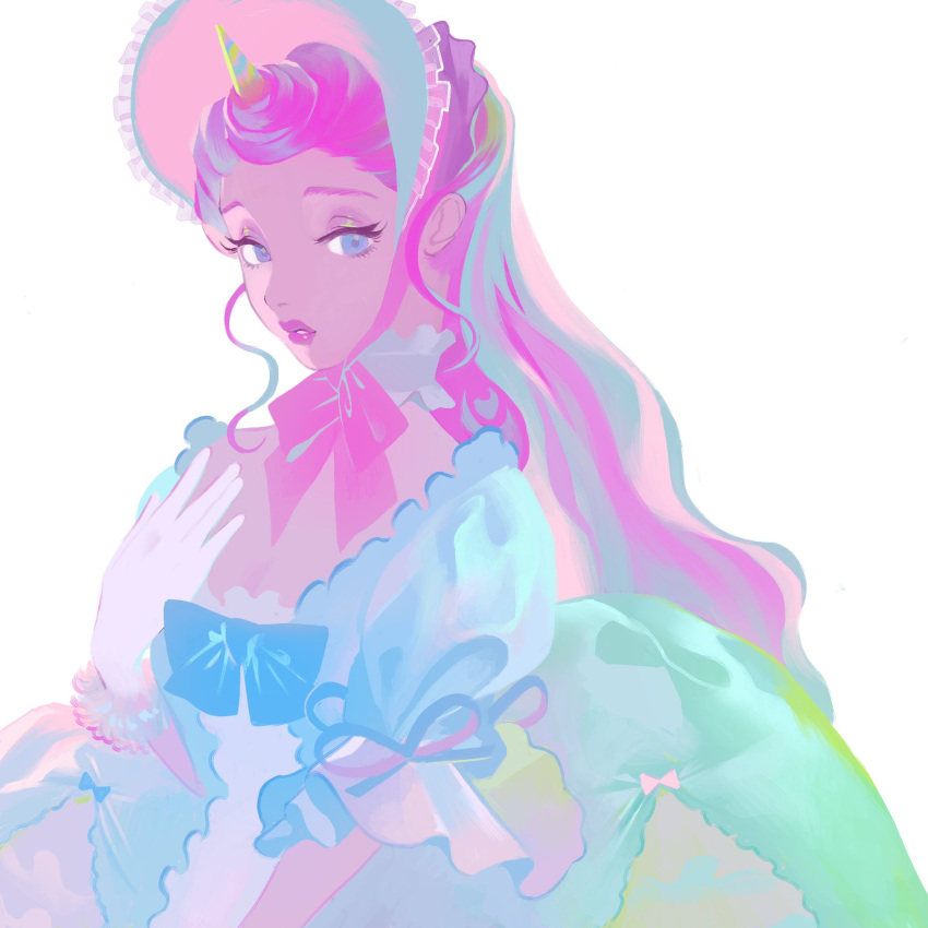 1girl, aqua_bow, bonnet, bow, dress, gloves, grey_eyes, hand_up
