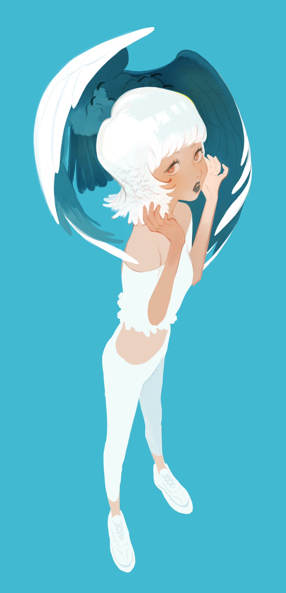 1girl, aqua_background, full_body, hands_up, highres, looking_at_viewer, midriff, mu_mashu