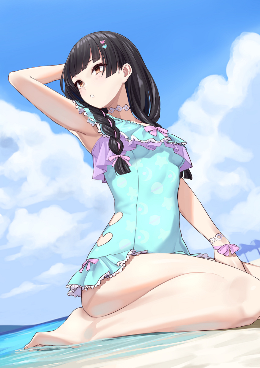 1girl, arm_up, armpits, bare_legs, barefoot, beach, between_legs, black_hair, blue_sky, blue_swimsuit, blush, braid, breasts, brown_eyes, clothing_cutout, clouds, cloudy_sky, crescent_print, day, eyebrows_visible_through_hair, frilled_swimsuit, frills, hair_ornament, hand_between_legs, heart, heart_cutout, heart_hair_ornament, highres, idolmaster, idolmaster_shiny_colors, long_hair, mayuzumi_fuyuko, medium_breasts, michitaro_smile, ocean, one-piece_swimsuit, outdoors, ribbon, seiza, side_braids, sitting, sky, solo, swimsuit, thighs, twin_braids, wrist_ribbon
