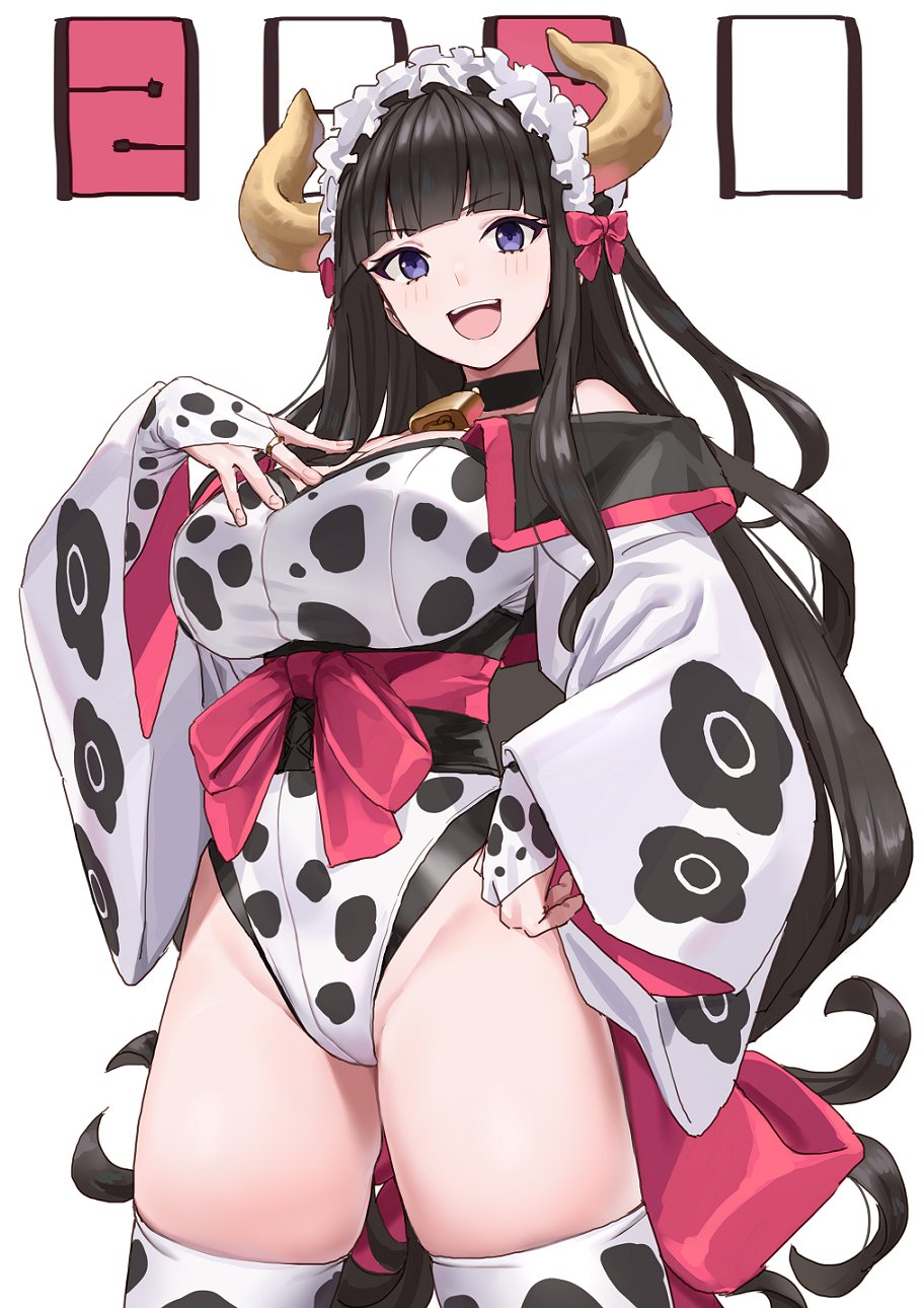 1girl, animal_print, bangs, bell, bell_choker, black_choker, black_hair, blunt_bangs